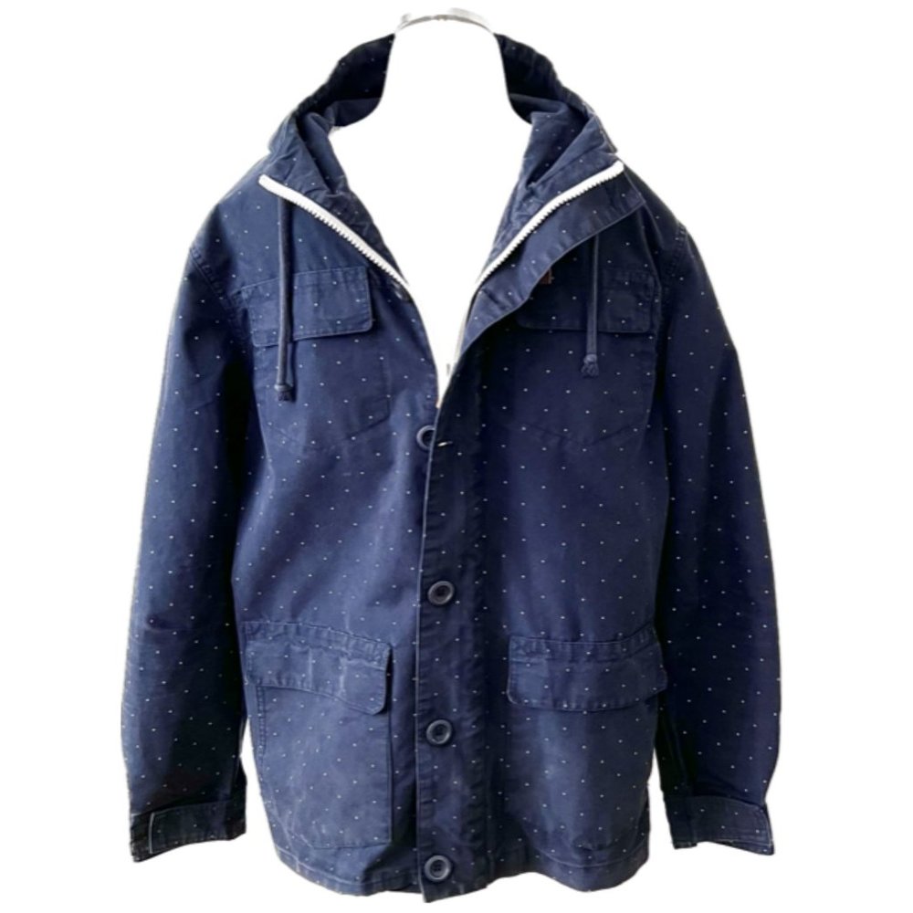 Men's Navy Blue And White Micro Pattern Nautical Hooded Utility Jacket (L) EUC